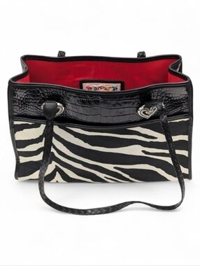 Brighton 2000 Tote Zebra Print Canvas Croc Embossed Faux Leather Braided Handles